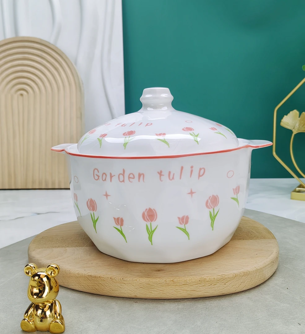 1.5L郁金香带盖碗釉下彩陶瓷双耳碗