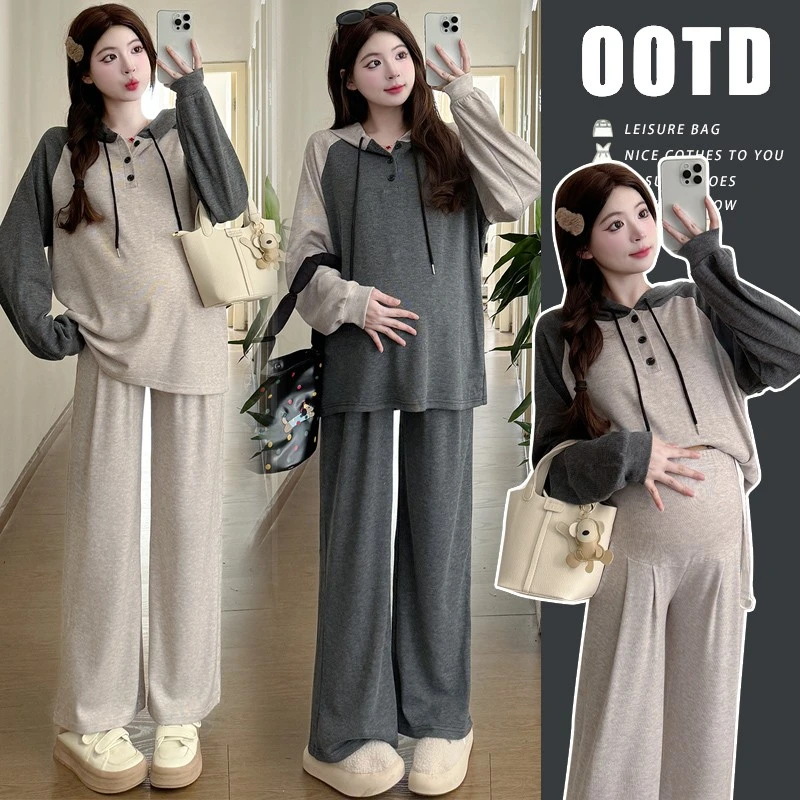 大码孕妇套装春秋季新款卫衣拼色连帽上衣阔腿裤宽松两件套200斤