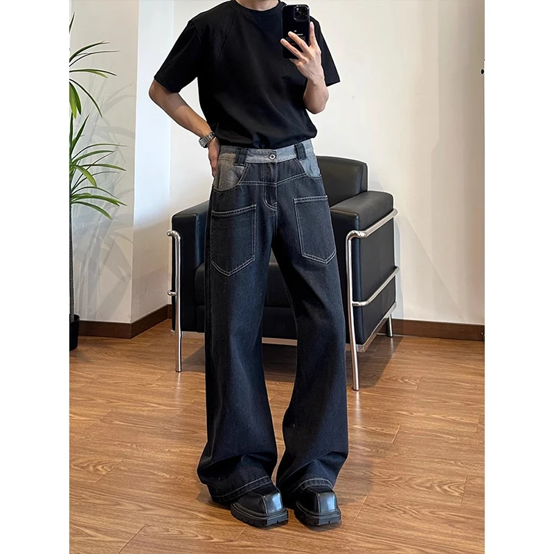“围巾”羊毛感拼接弯刀牛仔裤男款春秋美式小众高街设计感廓形裤子