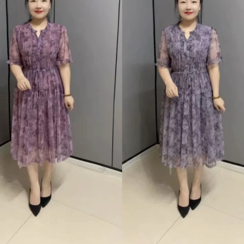 夏季新款收腰显瘦碎花宽松遮肚中长高品质台湾纱妈妈装连衣裙