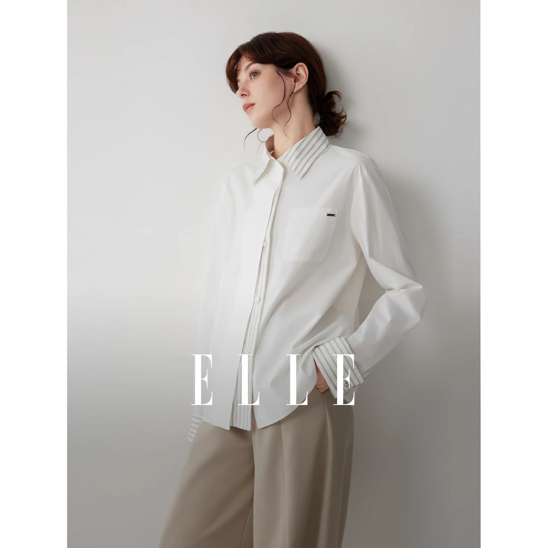 ELLE条纹撞色通勤白衬衫2025秋新款优雅宽松休闲时髦衬衣EC52978