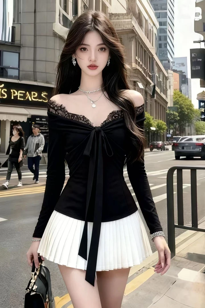 新款显瘦千金风黑白撞色一字领露肩拼接蕾丝长袖修身飘带连衣裙女