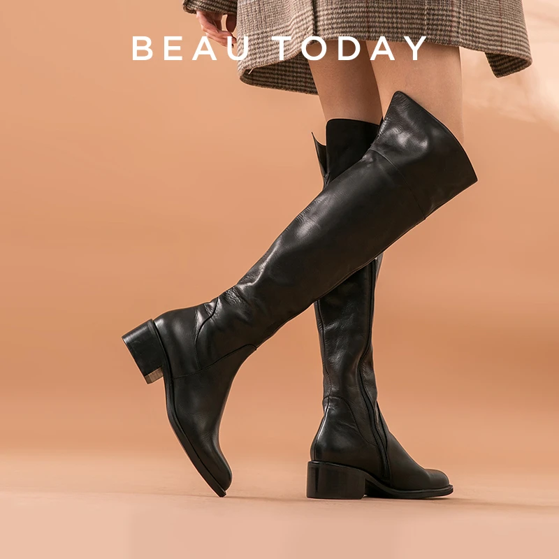 BeauToday【真皮过膝】女靴尖头增高百搭时尚长筒透气西部牛仔靴子