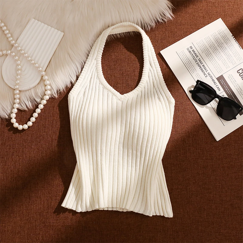 复古辣妹针织挂脖吊带背心女夏外穿性感美背修身打底无袖露肩上衣