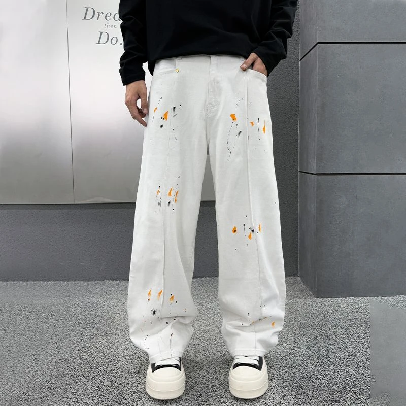 高级感喷漆泼墨白色牛仔裤男款小众设计感美式潮牌高街宽松直筒裤