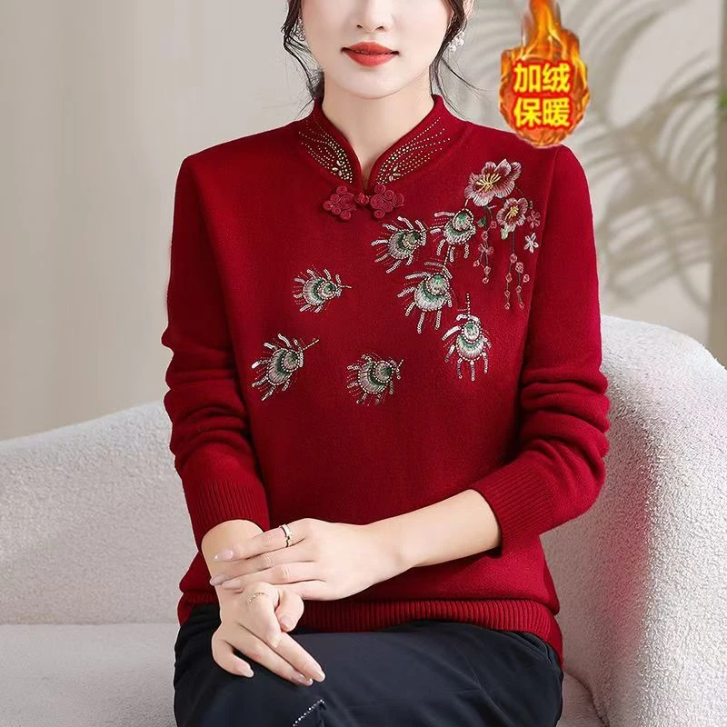 妈妈秋冬毛衣加绒加厚针织打底衫中老年洋气宽松时尚保暖上衣