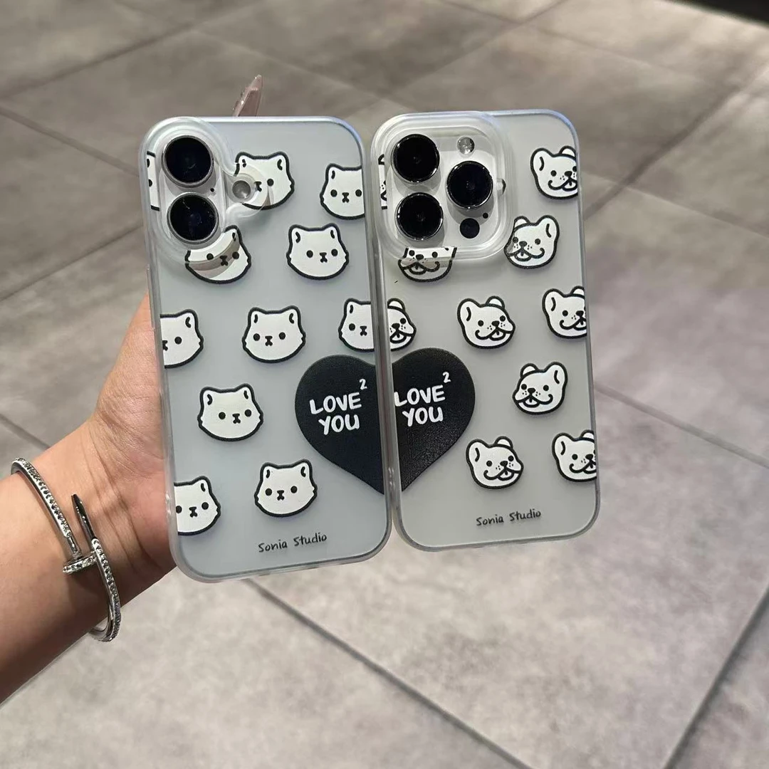 爱心猫猫狗狗适用iPhone16手机壳14苹果15promax高级13简约12男女