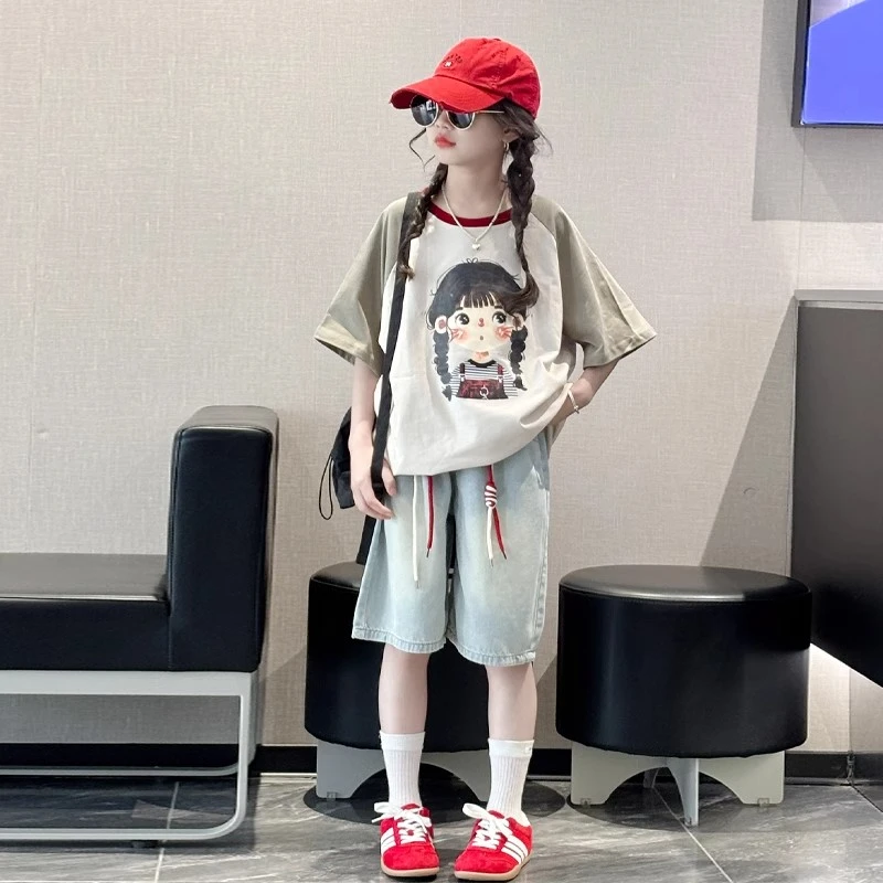 女童韩范卡通套装学生时款女大童夏装牛仔短裤初中生女孩夏天t恤