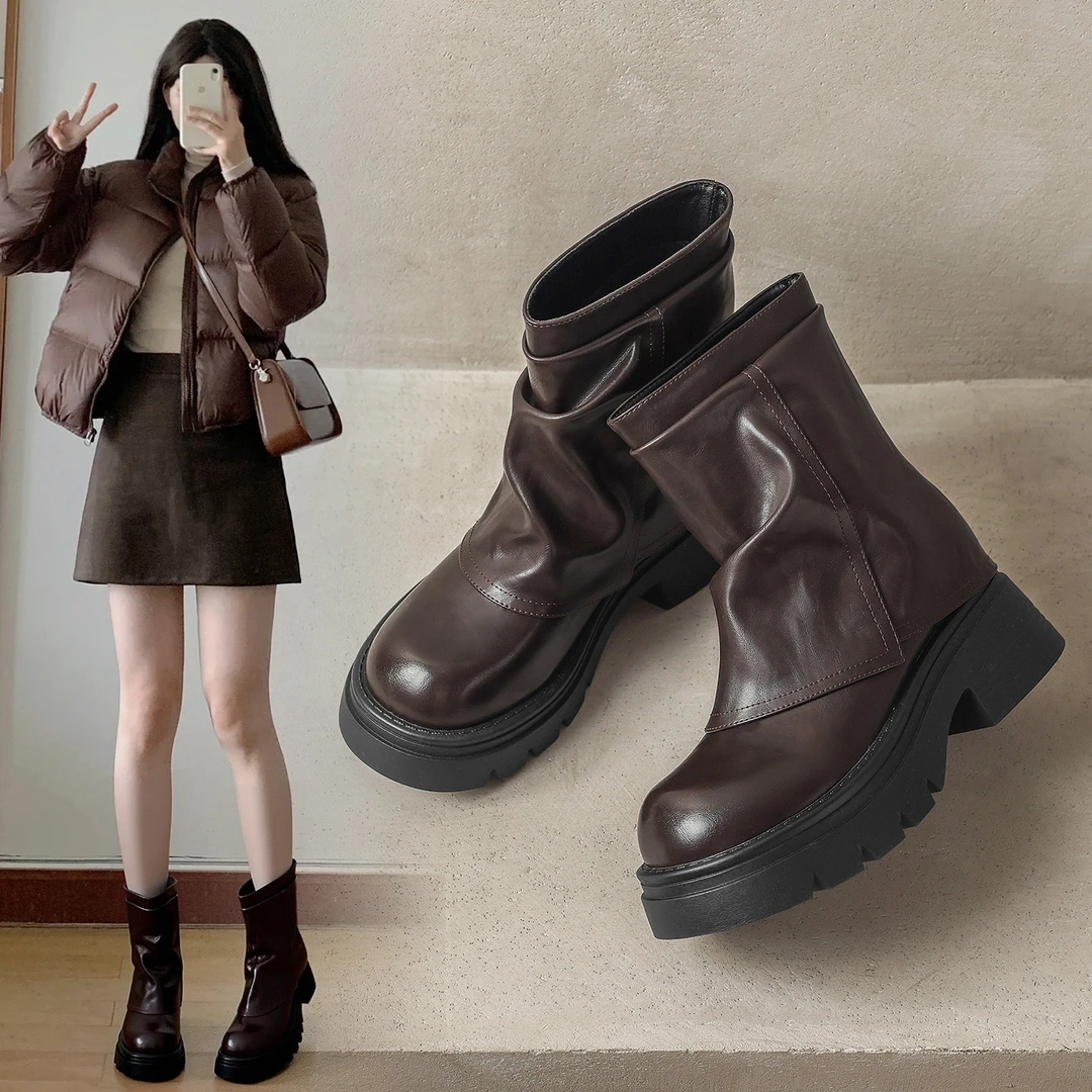 ZHR厚底短靴女2025新款秋冬季复古西部靴百搭裤管靴小个子马丁靴