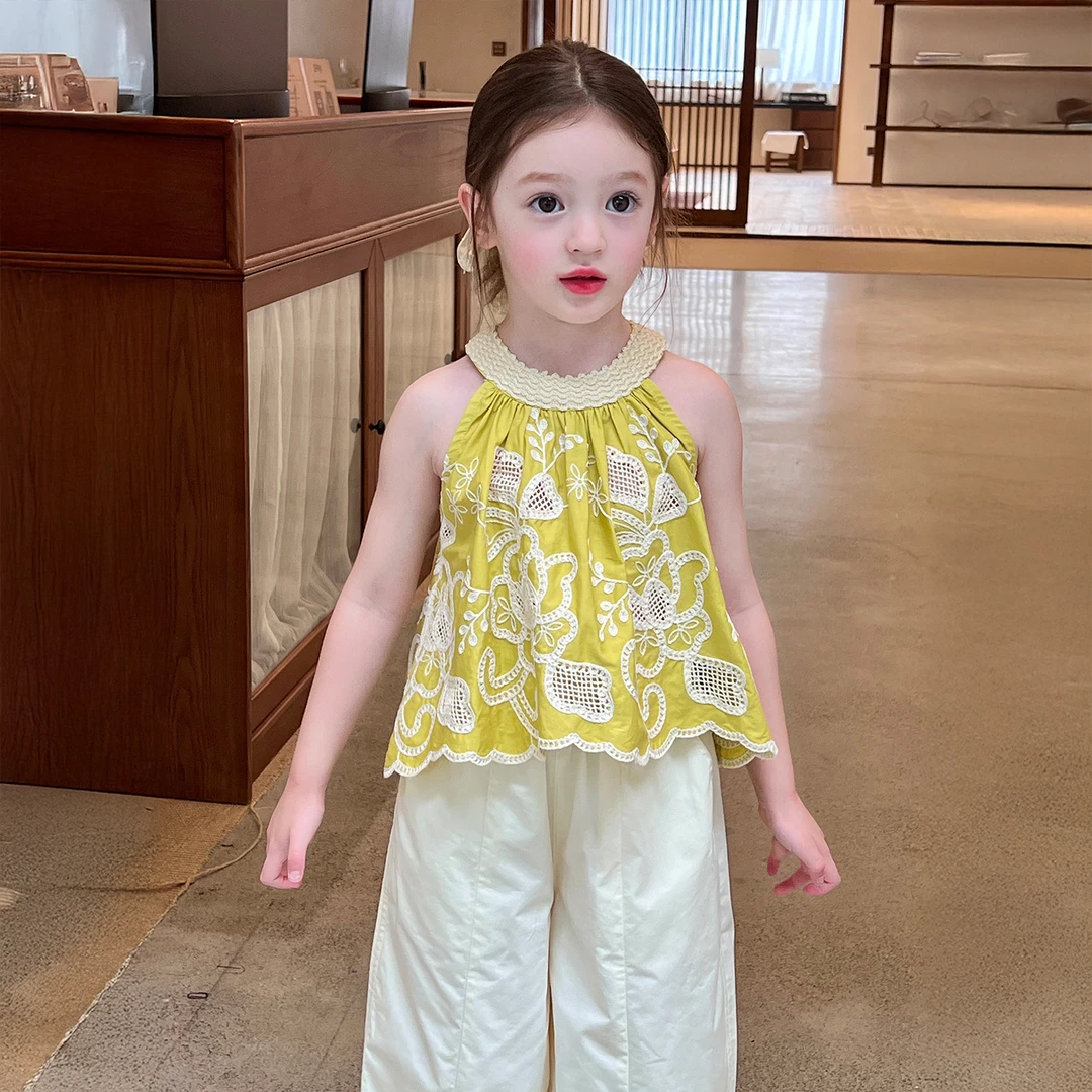 栀了成长记童装女童森系蕾丝刺绣背心夏季裤子宽松女宝挂脖上衣
