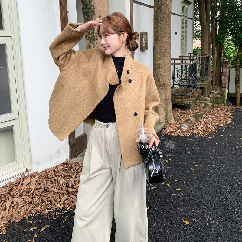 高级感双面羊毛立领短款毛呢外套女小个子百搭宽松显瘦羊毛大衣潮