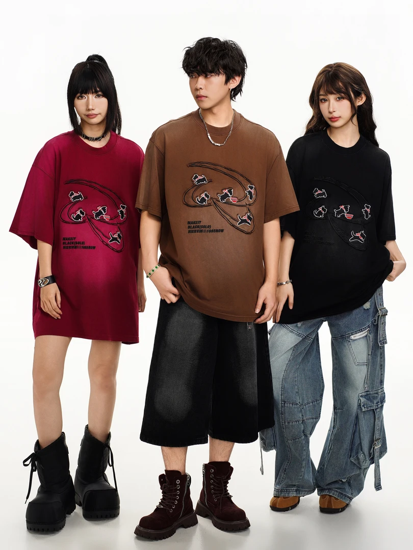 原创潮牌贴布小狗绣花宽松百搭T恤