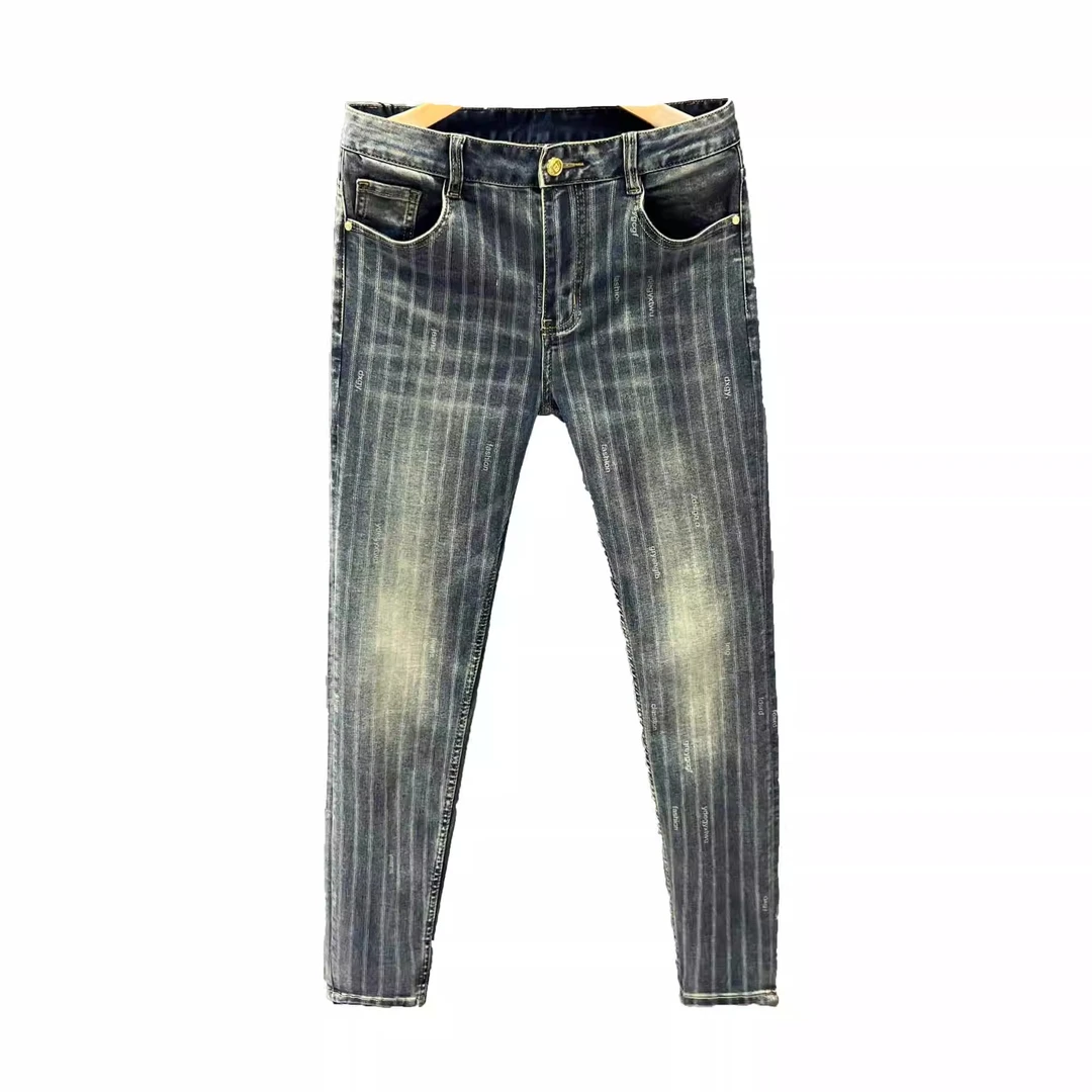 埃卢涅芬蓝色高端条纹牛仔裤新款春秋季修身小脚裤男士时尚弹力百