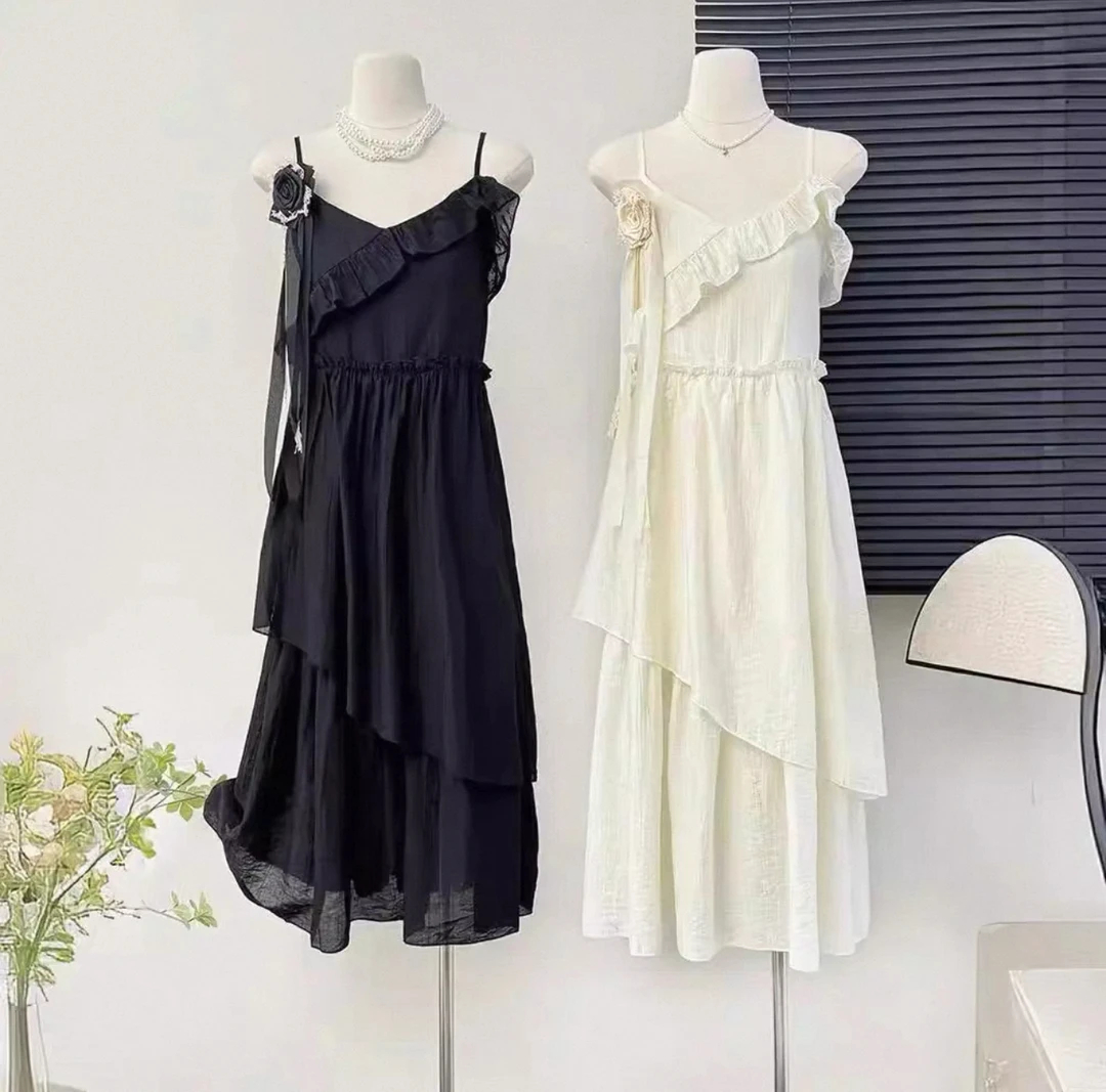 大码法式初恋立体花朵荷叶边吊带连衣裙女夏季新款下摆