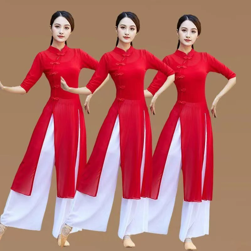 古典广场舞新款服装时尚三件套网红扇子舞台旗袍团体表演中袖衣服