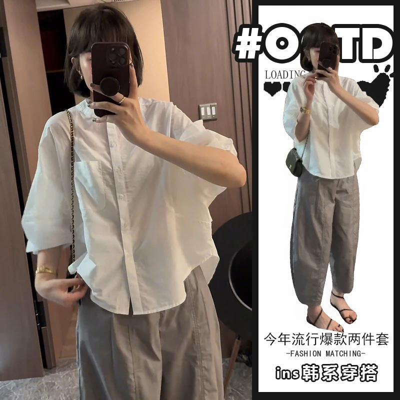美式别致显气质套装女港味别致纯色减龄衬衫搭配高腰运动休闲裤潮