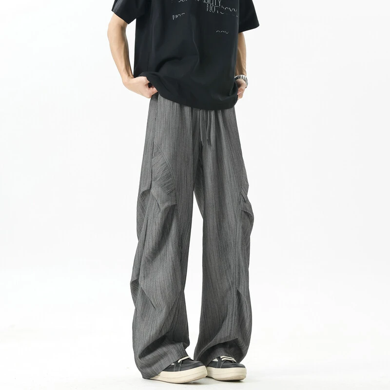 V37 美式褶皱感速干裤子男夏季薄款潮牌宽松大码直筒冰丝休闲长裤