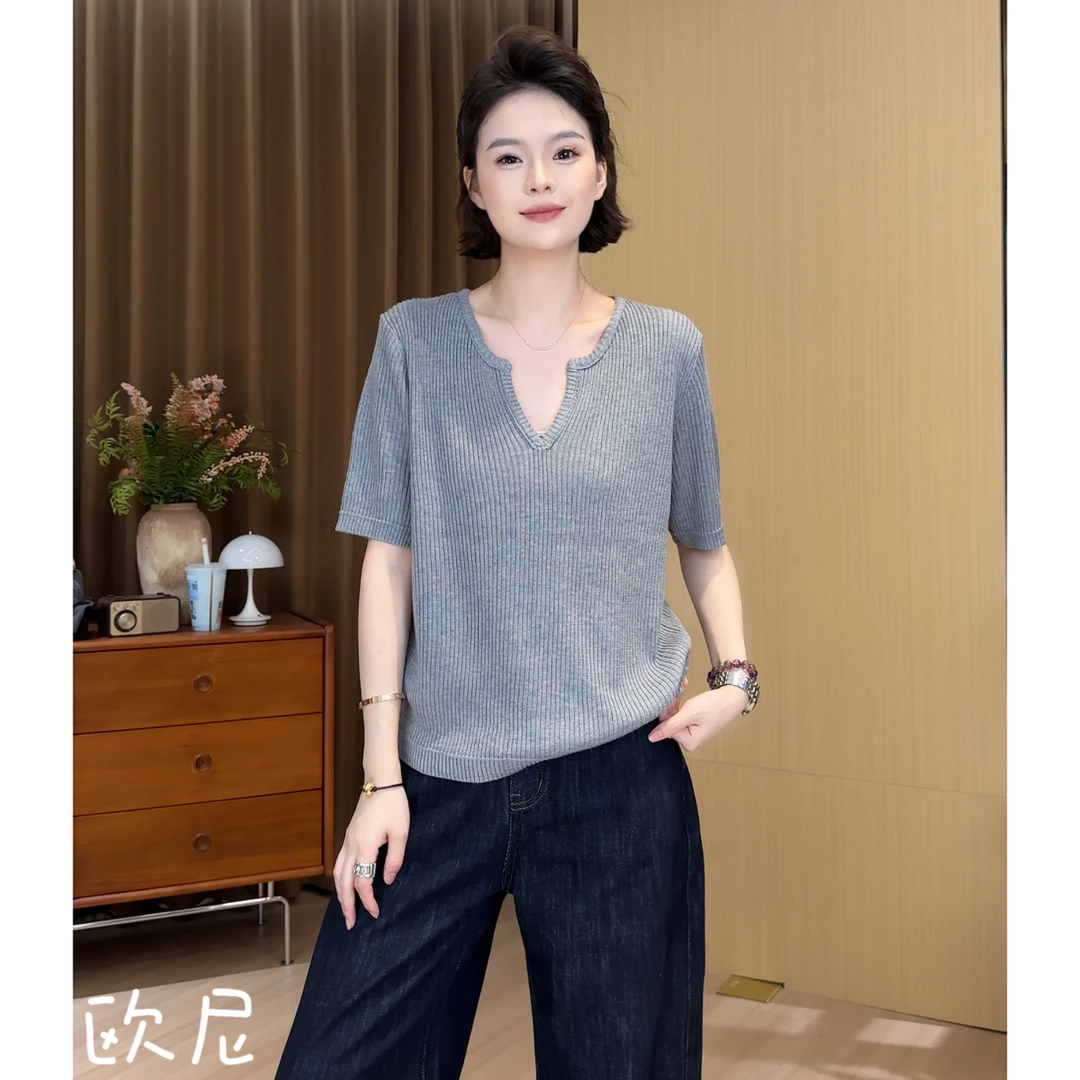 欧尼私服 2025早秋新款V领短袖针织上衣显瘦百搭T恤2508C4497