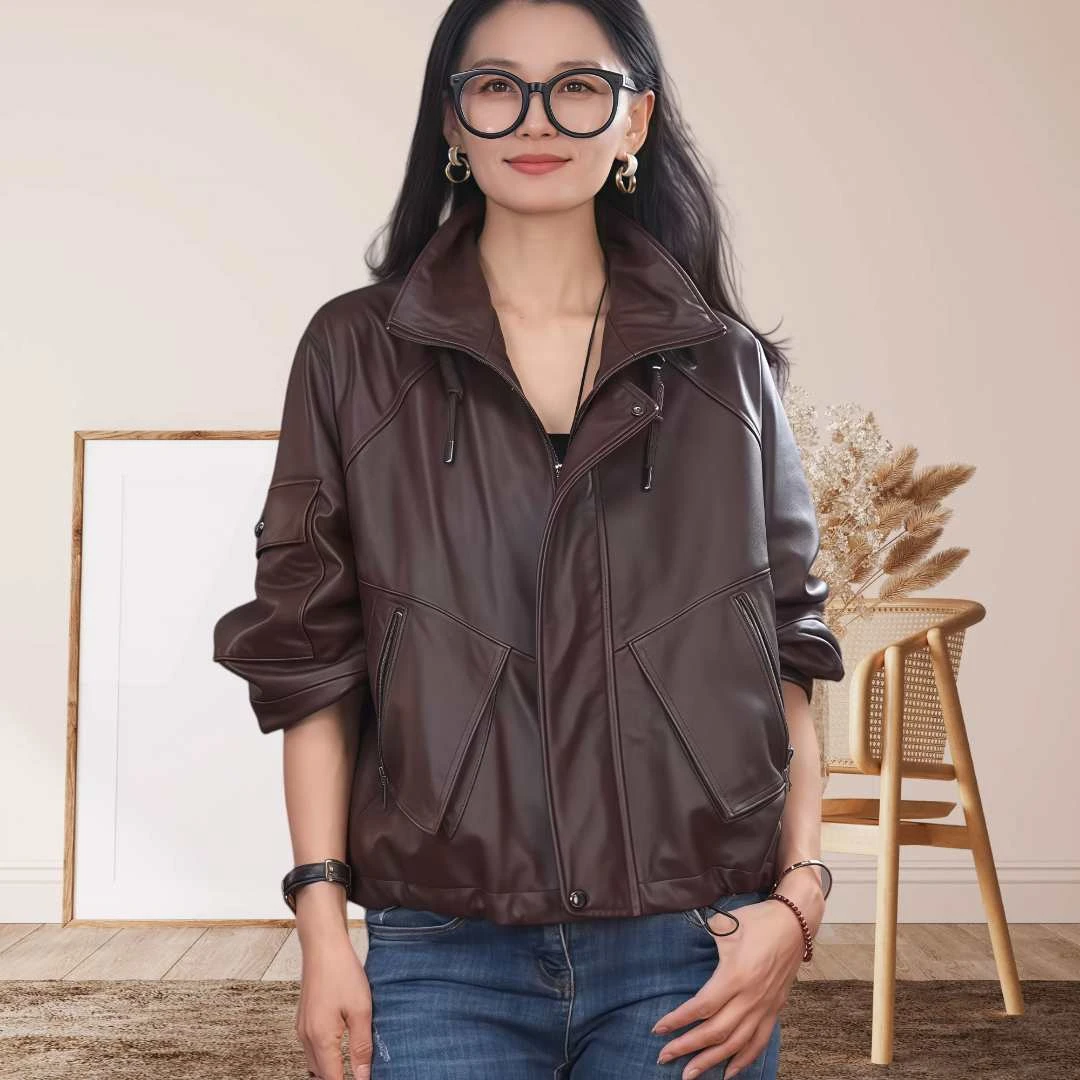 双A头层小牛皮3D立体纹理海宁真皮短款皮衣外套女款爆款2025新款