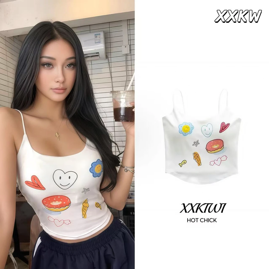 ♡XXKIWI♡白色纯欲胸垫内搭吊带背心夏季性感辣妹短款印花女上衣