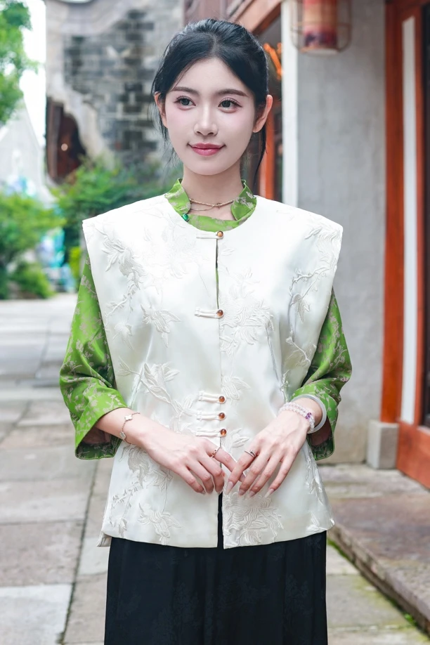 马甲唐装宽松型女装常规型马夹新中式复古立领植物花卉女