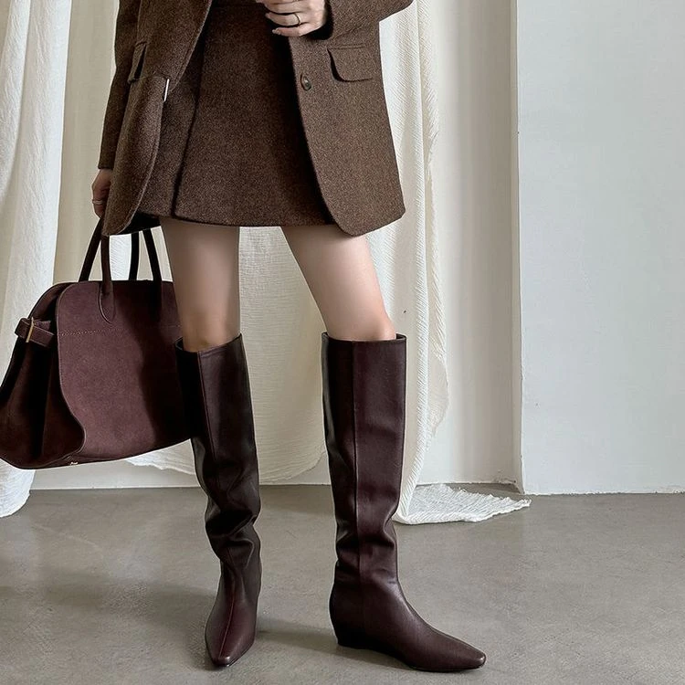 秋冬高筒靴过膝棕色时装靴小个子长筒靴子百搭爆款厚底高跟骑士