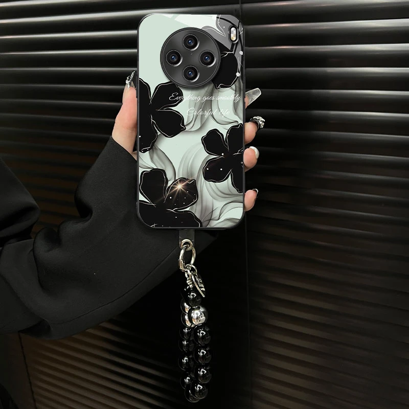 适用【vivox100】钛灰电镀玻璃壳水墨花ins风网红创意个性手机壳女