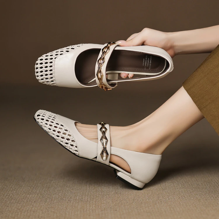 牛皮+编织1.5cm平底鞋金属链条气质镂空透气女鞋时尚薄款单鞋爆款