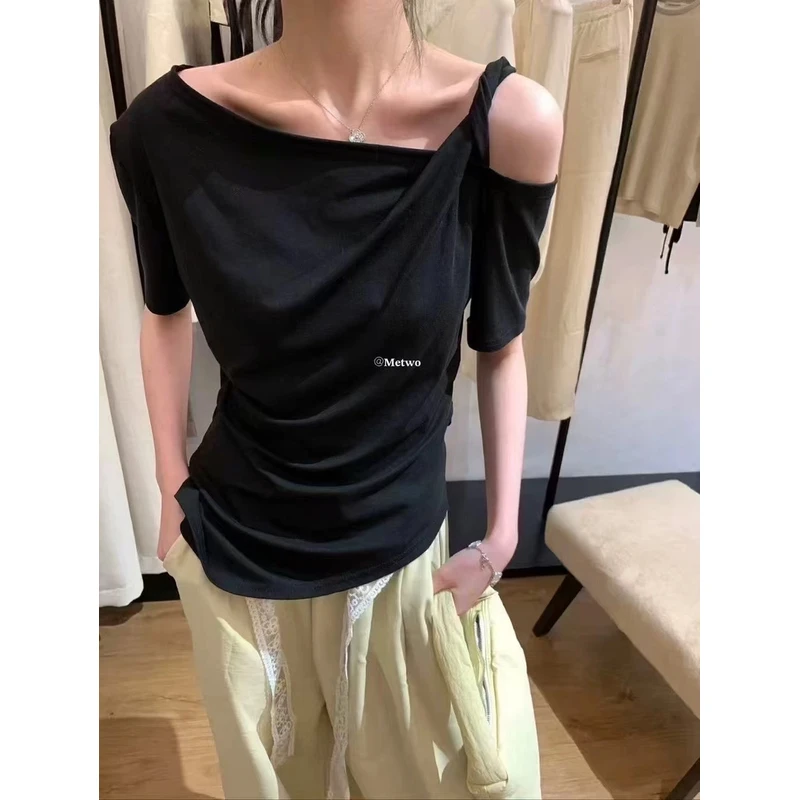 设计感小众露肩T恤女2025夏季新款短袖斜边显瘦休闲洋气衣服女