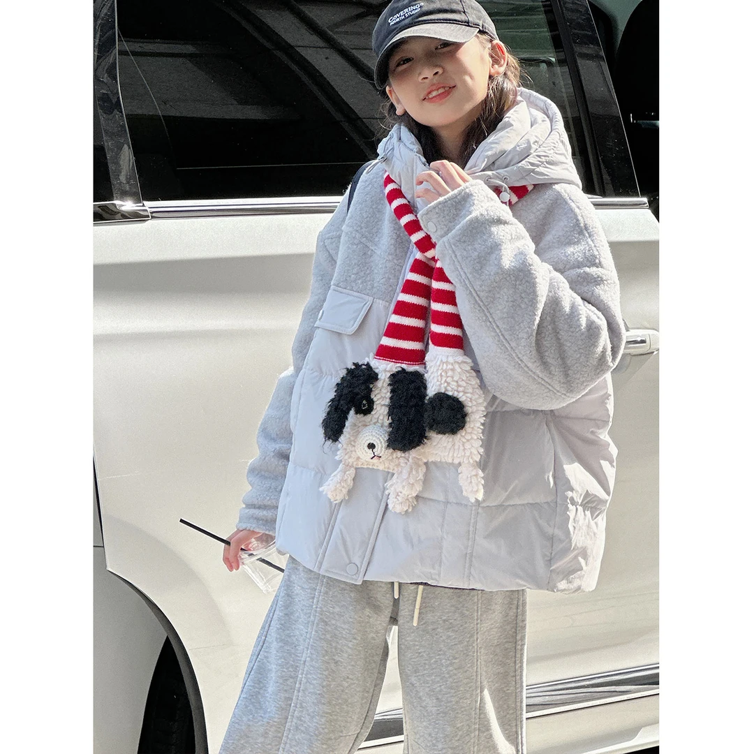 K30492拼接连帽女童棉服袄2025新款秋冬装儿童加厚连帽上衣外套