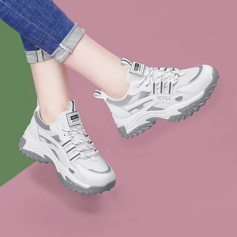 真皮厚底增高老爹鞋女显脚小网面小白鞋时尚休闲运动鞋防滑旅游鞋