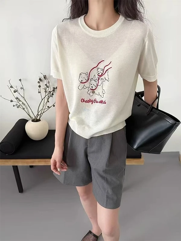 设计感小众针织短袖t恤2025新款夏季韩系宽松显瘦打底衫上衣J6-28