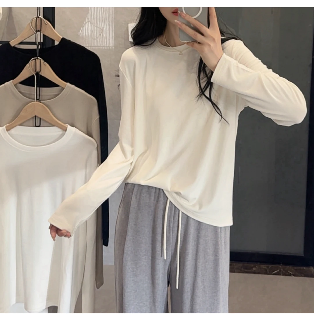软糯高弹力秋冬纯色基础百搭长袖打底衫女宽松显瘦T恤上衣