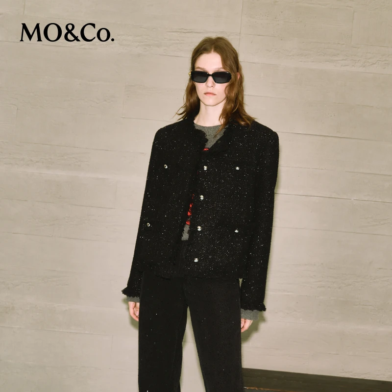 MOCO摇滚闪葱亮片粗花呢毛边短款直角肩外套MBC4COTK03