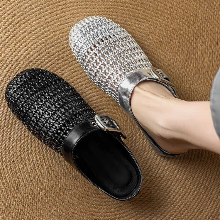 2.5cm高级感编织包头半拖鞋2025新款春夏法式圆头外穿平底凉拖女