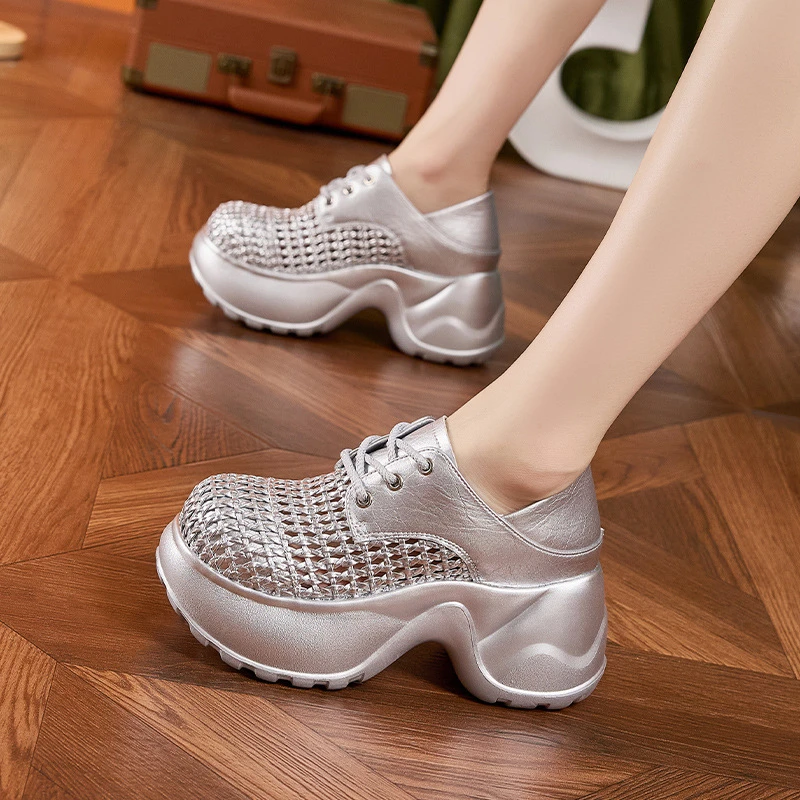 【增高9CM】厚底凉鞋女夏季新款镂空透气凉拖鞋百搭银色小个子真皮