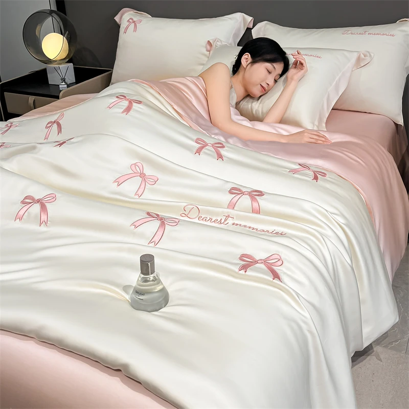 韩式简约卡通刺绣床单四件套床上用品床笠被套蝴蝶结宿舍床三件套