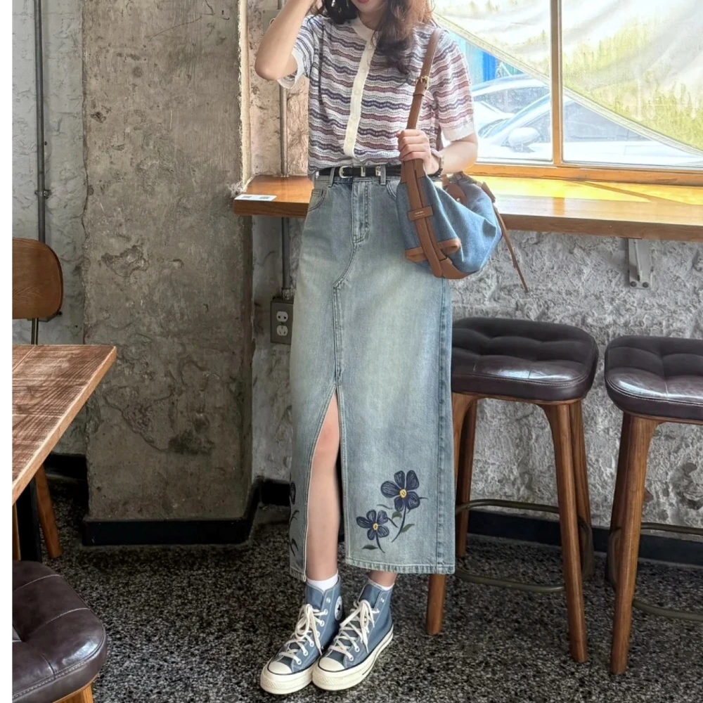 美式复古设计感浅蓝色牛仔裙女2025春夏新款高腰显瘦直筒半身裙子