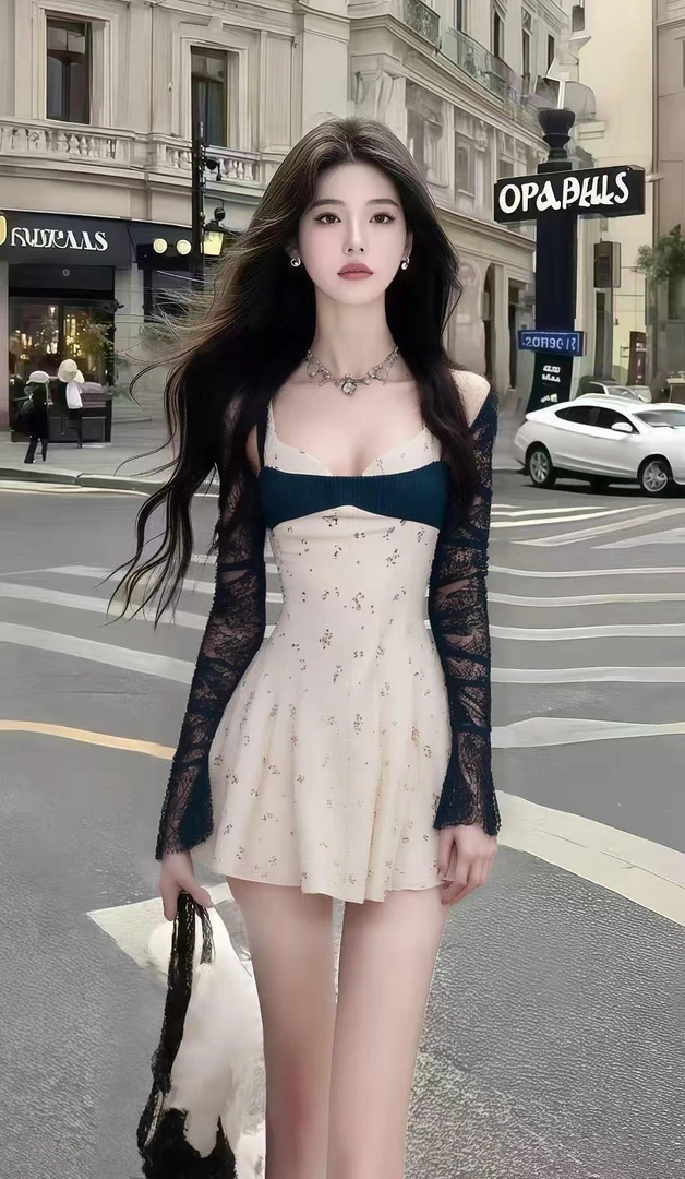 新款时尚气质显瘦小众辣妹风撞色V领长袖修身收腰碎花连衣裙女