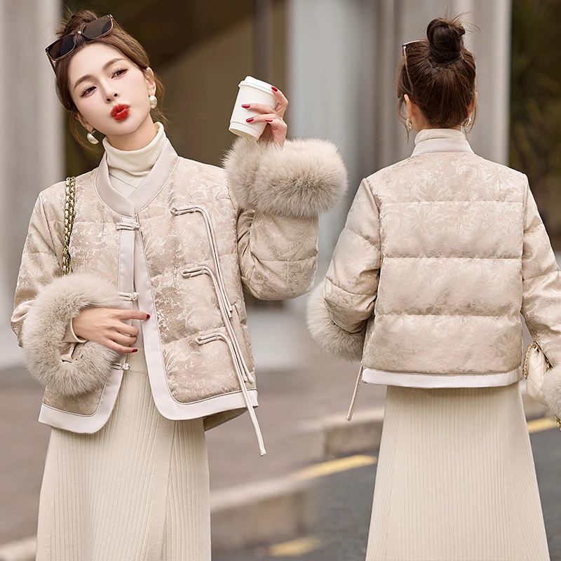 七七专属-新中式国风复古盘扣提花白鸭绒羽绒服女大毛袖口羽绒服