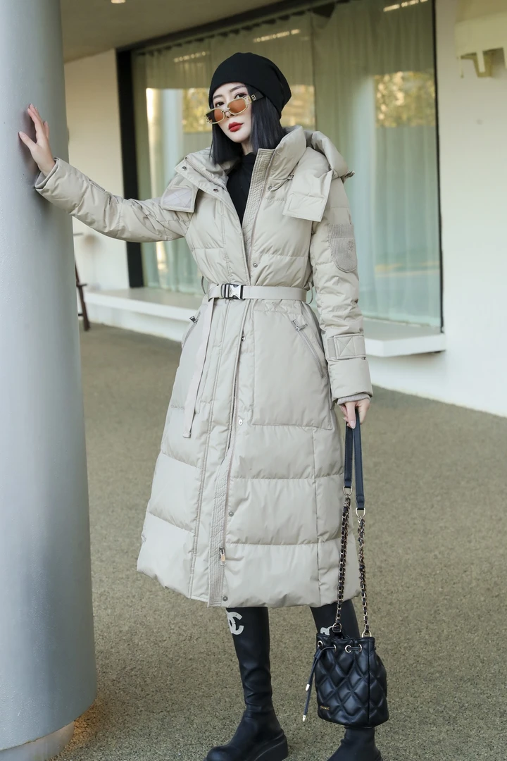 冬季韩版修身显瘦连帽中长款女士保暖过膝90白鹅绒服6655