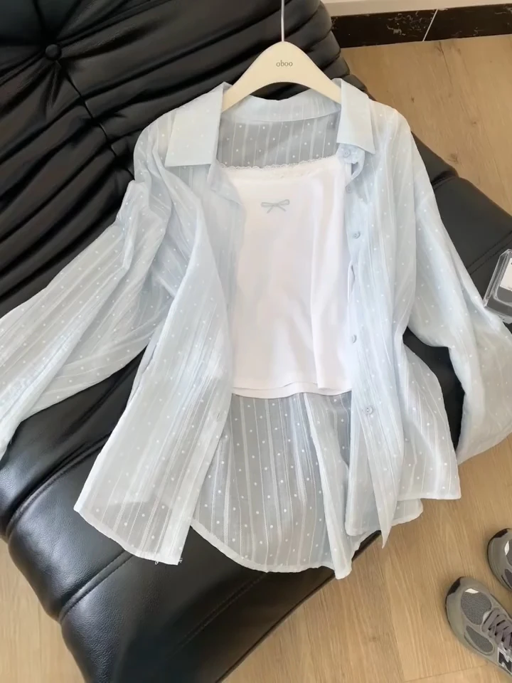 休闲韩系蓝色波点防晒衬衫女2025夏季新款气质设计感显瘦衬衫上衣