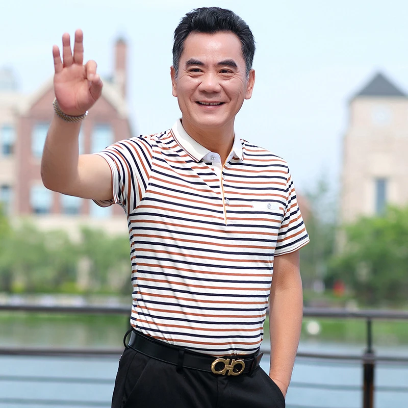 男装纯棉短袖体恤上衣爸爸装半袖翻领男中老年夏季真口袋