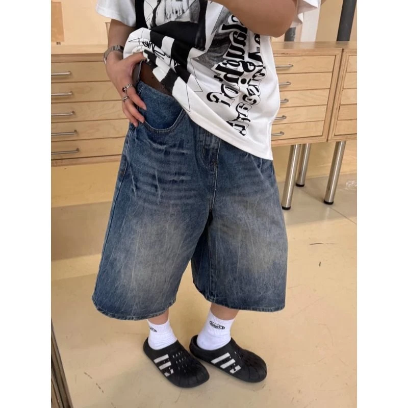 美式复古水洗闪电纹七分牛仔短裤男女街头直筒宽松垂感阔腿中裤潮