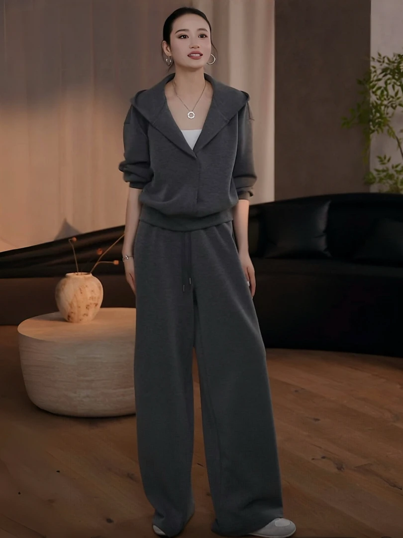 2025秋季时尚套头连帽暗扣卫衣外套显瘦百搭松紧腰休闲裤休闲套装