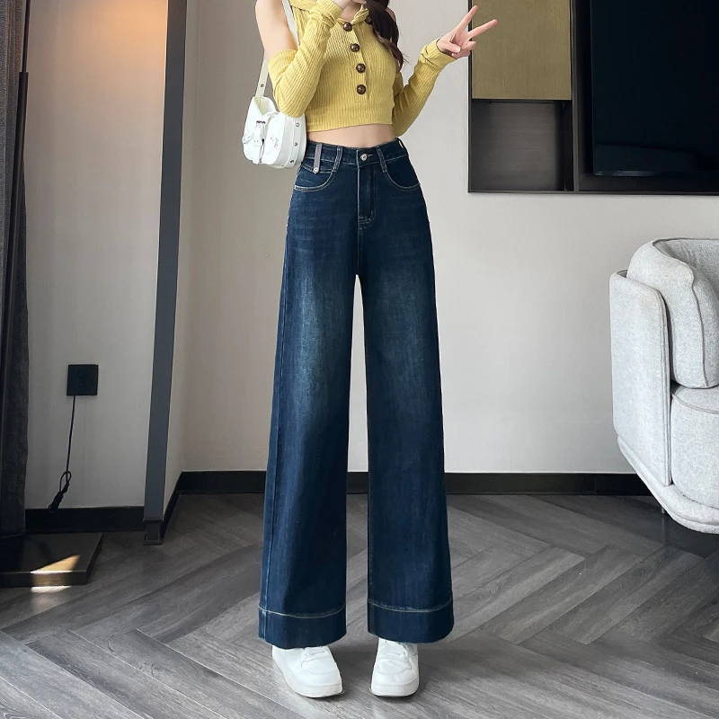 复古弹力奶奶女款阔腿牛仔裤女秋季流行新款高腰宽松遮肉直筒裤子