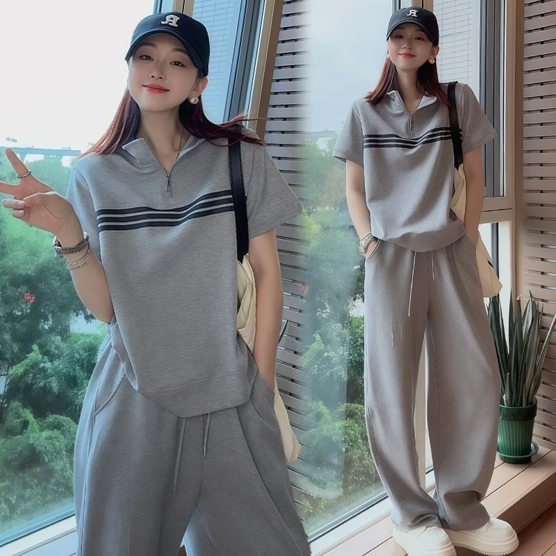 高级爆款套装时尚夏季2025运动服新款宽松短袖休闲两件套阔腿裤女