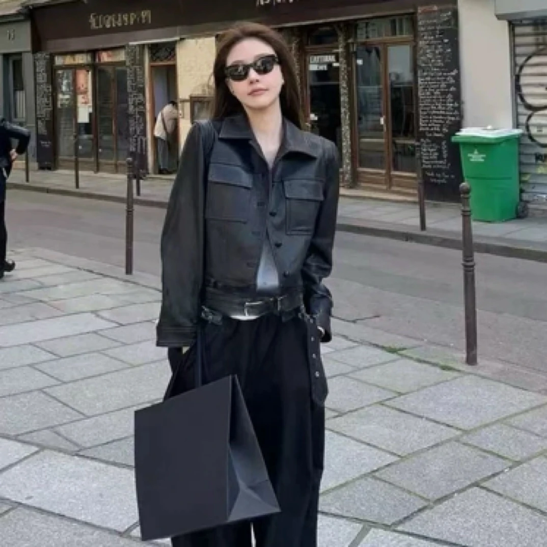 大码正肩秋季新款甜酷机车风百搭翻领皮衣外套女显瘦夹克上衣潮