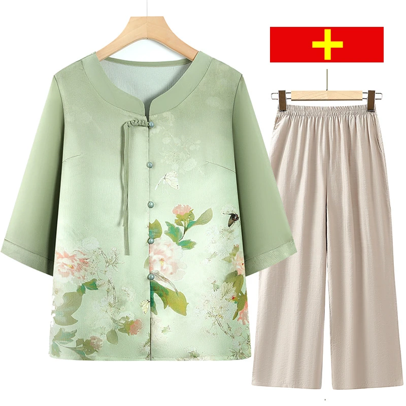 中老年人夏装衬衫女奶奶装夏季短袖上衣妈妈装新中式宽松衣服套装