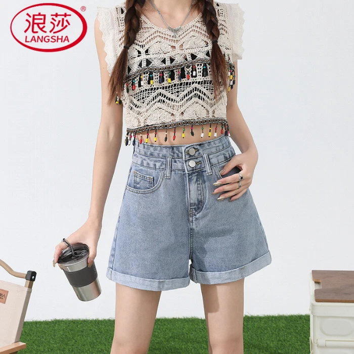 浅蓝色高腰牛仔短裤女2025年新款夏季宽松显瘦小个子阔腿a字热裤